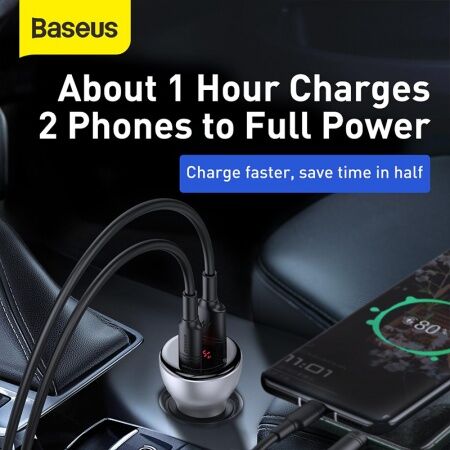 Автомобильное зарядное устройство BASEUS Digital Display Dual, USBUSB-C  Кабель Type-C-Type-C, 5A, - 5