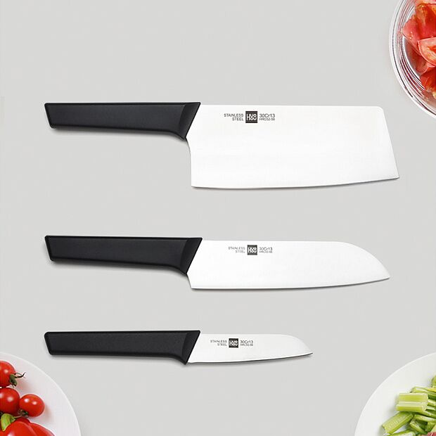 Набор стальных ножей HuoHou 4-Piece Kitchen Knife Set Lite (HU0059) (3 ножа  подставка из сосны) (Black) RU - 3